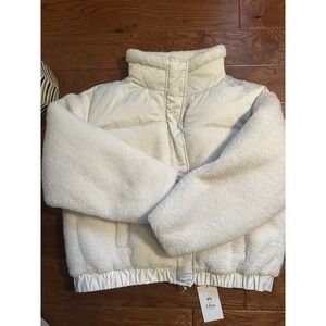 NWT ABERCROMBIE & FITCH Puffer Jacket Women Sz XXL Ultra Mini Sherpa Cream Crop